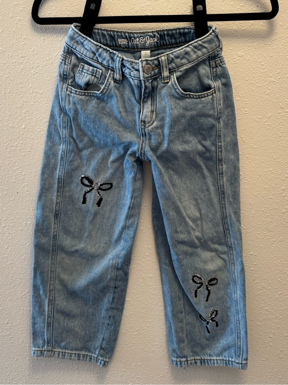 Cat & Jack Barrel Leg Jeans with Black Bow Accents